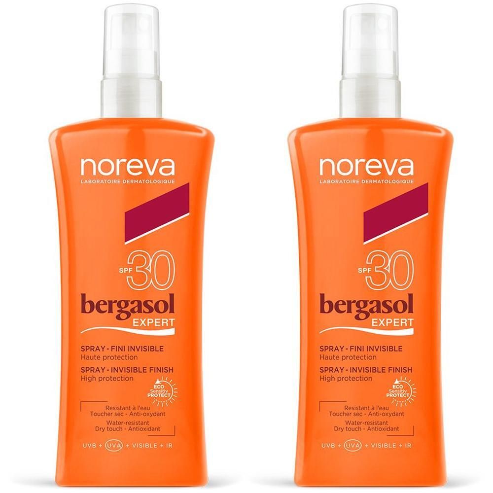 Deux flacons de spray Noreva Bergasol Expert SPF 30, fini invisible, haute protection.