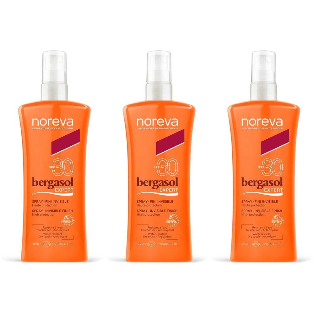 Drie flessen Noreva Bergasol Expert Spray SPF30, onzichtbare finish, hoge bescherming.