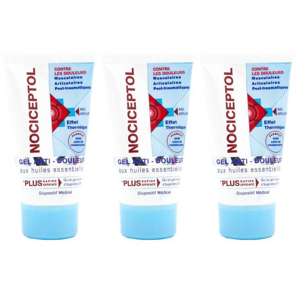 Drie tubes NOCICEPTOL gel tegen pijn. Blauwe dop.