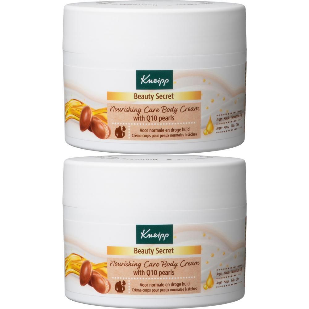 Deux pots blancs de Crème Corps Intense Soin Secret Beauté Kneipp avec perles Q10.