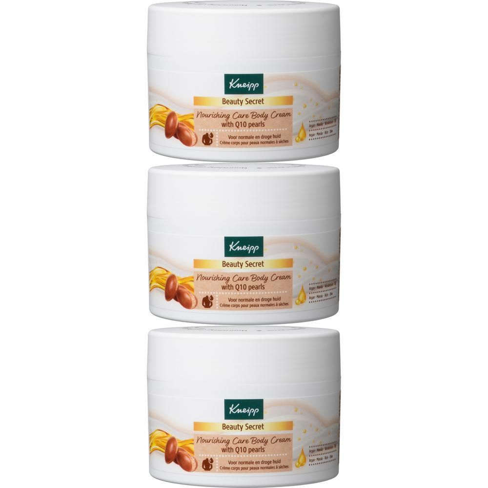 Drie witte potten Kneipp Beauty Secret Body Cream met Q10 parels.