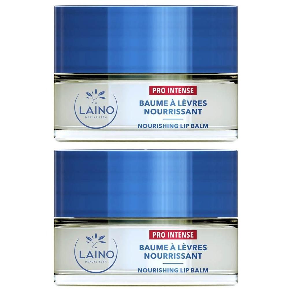 Twee potjes Laino Pro Intense Lippenbalsem. Blauwe dop, wit etiket met productinformatie.