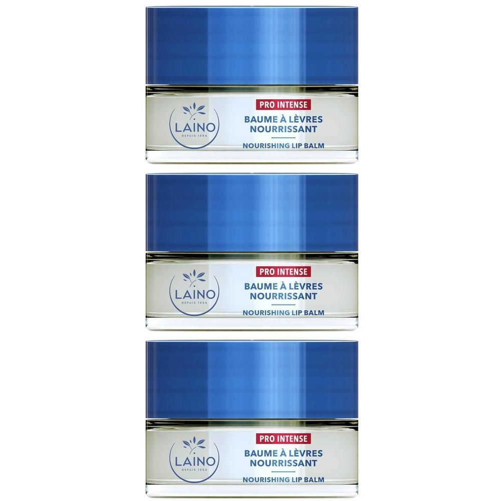 Drie Laino Pro Intense lippenbalsems met blauwe dop en wit etiket.