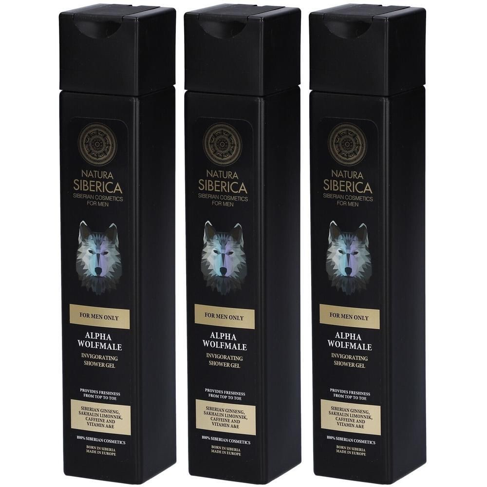 Trois flacons noirs de gel douche Natura Siberica pour hommes, avec image de loup et texte.