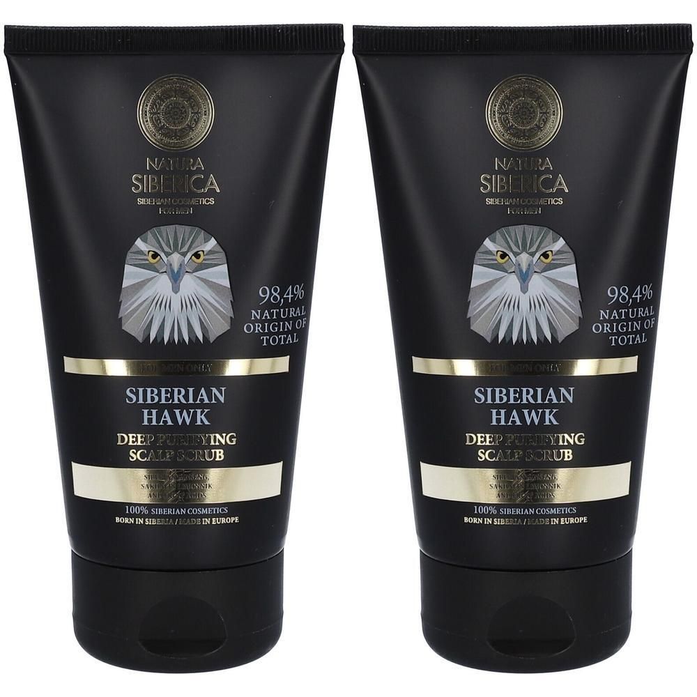 Twee zwarte tubes Natura Siberica Siberian Hawk Deep Purifying Scalp Scrub met adelaar-illustratie en tekst.