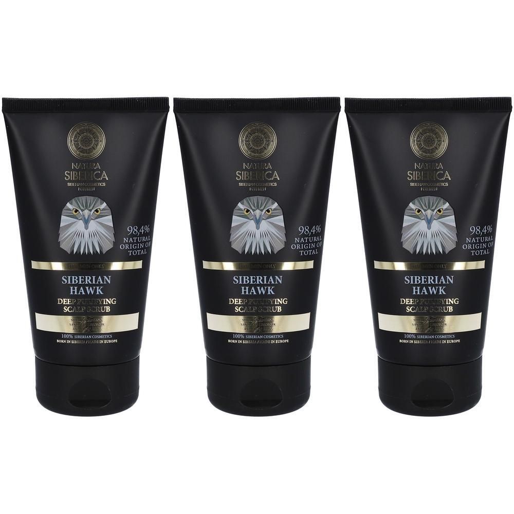 Drie zwarte tubes Natura Siberica Siberian Hawk Deep Purifying Scalp Scrub.