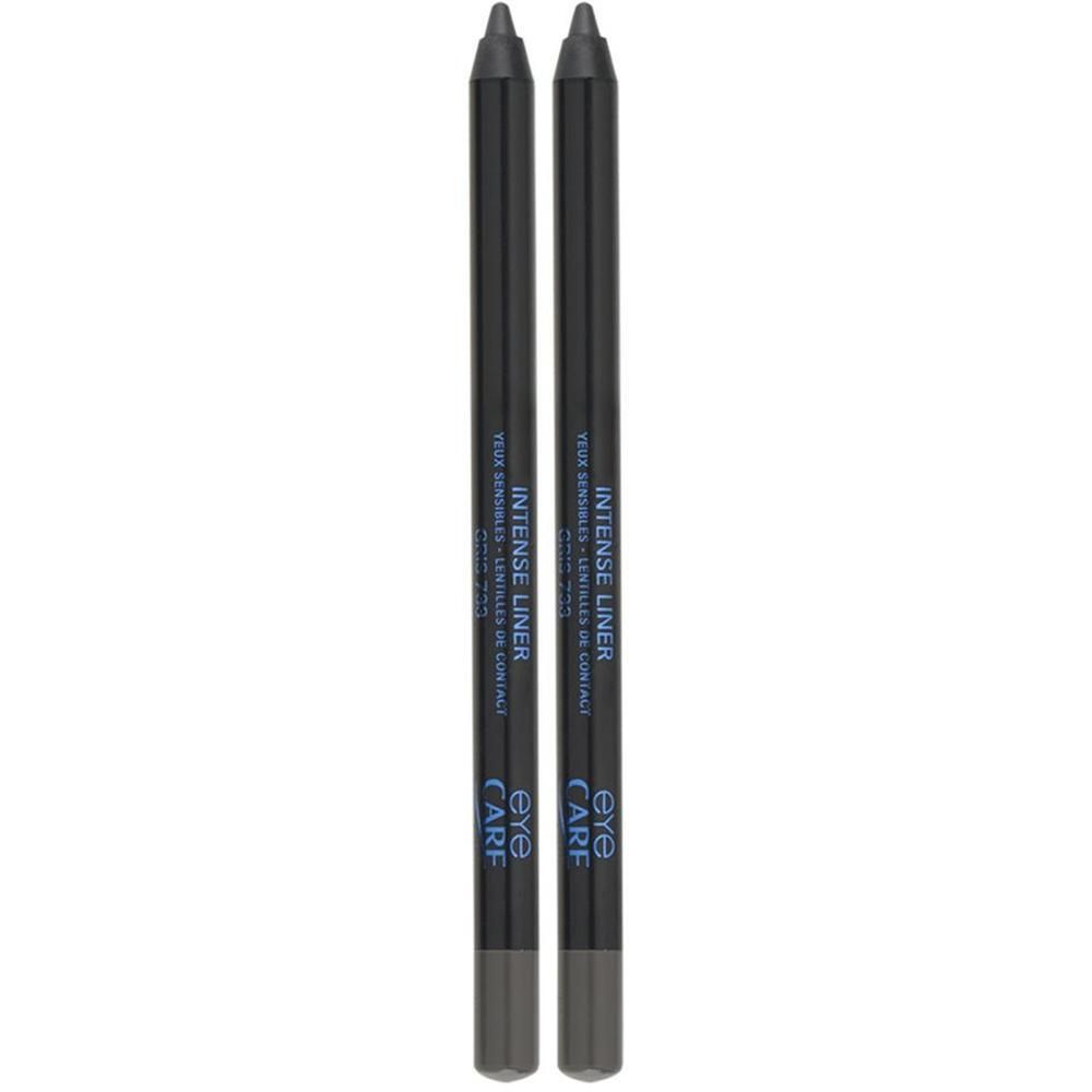 Twee grijze oogpotloden met opschrift "INTENSE LINER" en "EYE CARE".