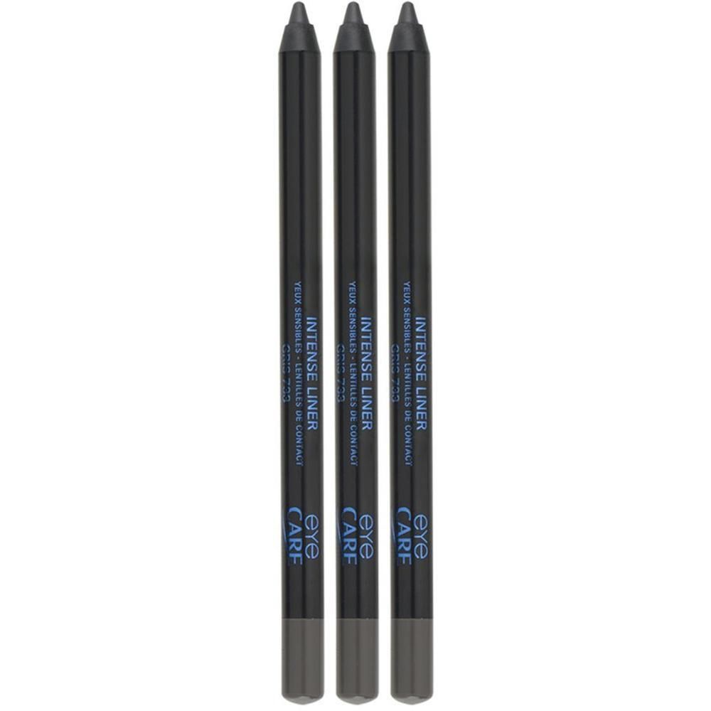 Trois crayons khôl gris avec l'inscription 'Intense Liner' et 'Eye Care'.