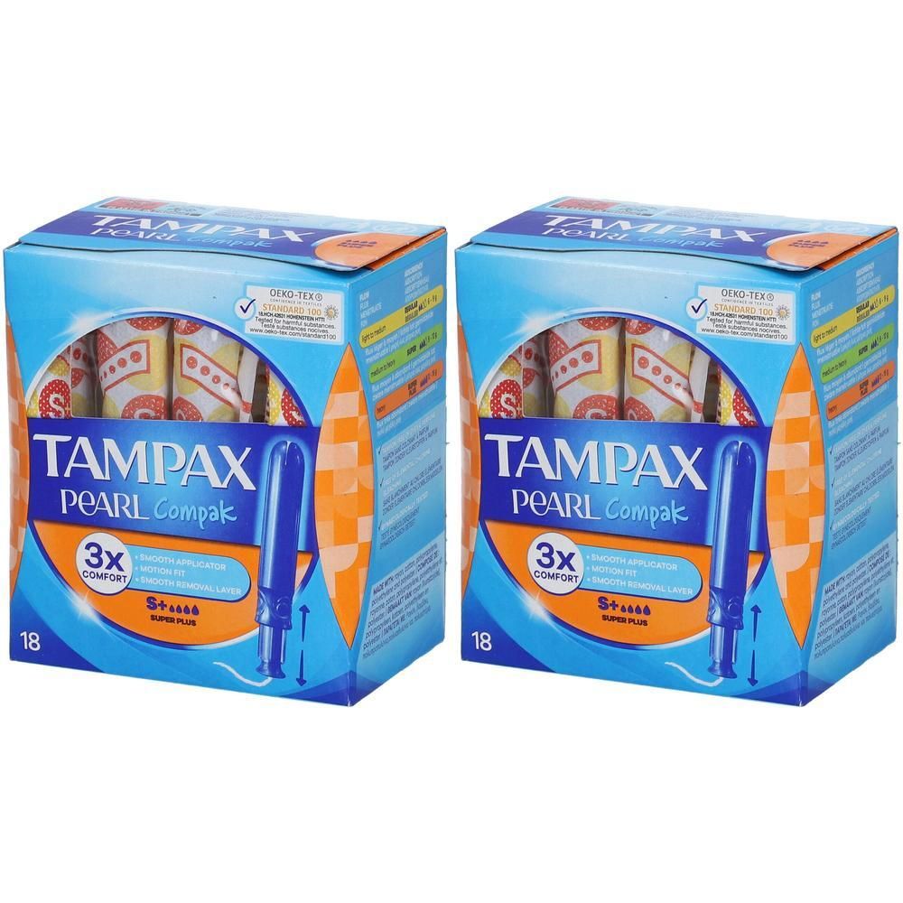 Twee pakken Tampax Pearl Compak tampons, 18 stuks per pak. Blauwe tampon-applicators zijn zichtbaar.