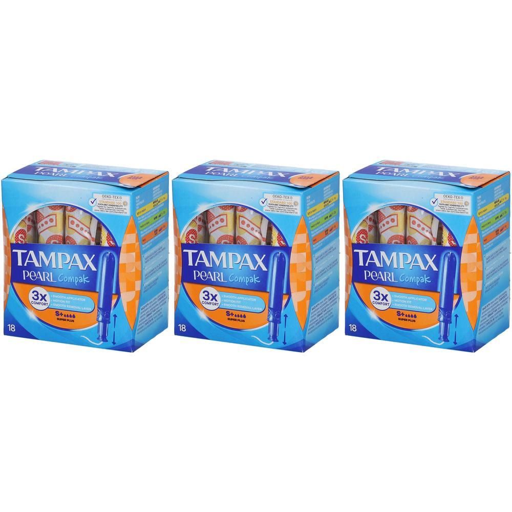 Trois boîtes de tampons Tampax Pearl Compak, 18 tampons par boîte. Applicateurs bleus visibles.
