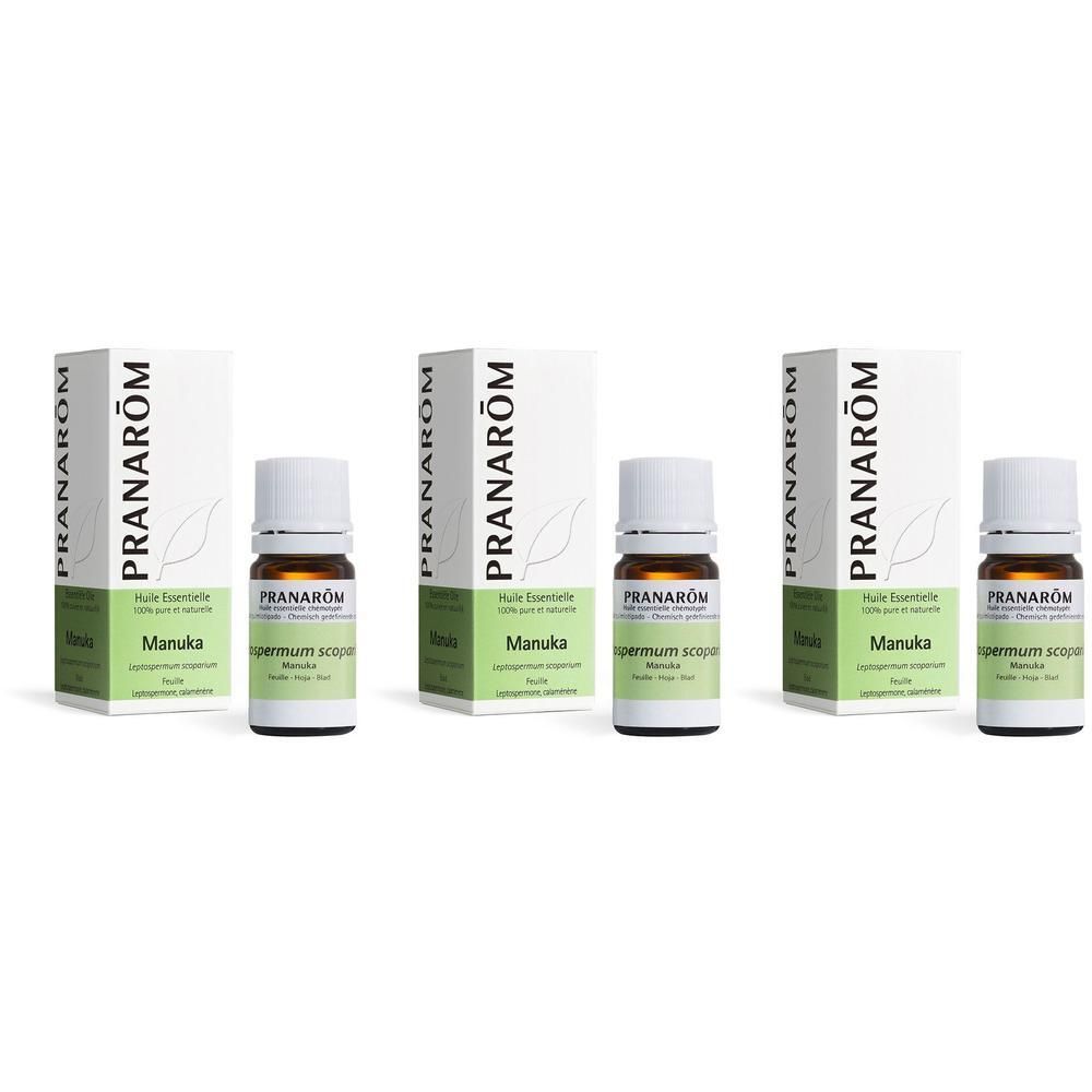 Drie flessen Pranarôm Manuka etherische olie met verpakking.