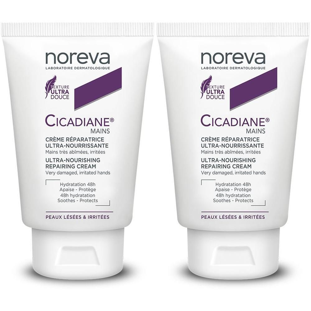 Twee Noreva Cicadiane handcrème tubes. Ultra-voedende herstellende crème voor zeer beschadigde, geïrriteerde handen.