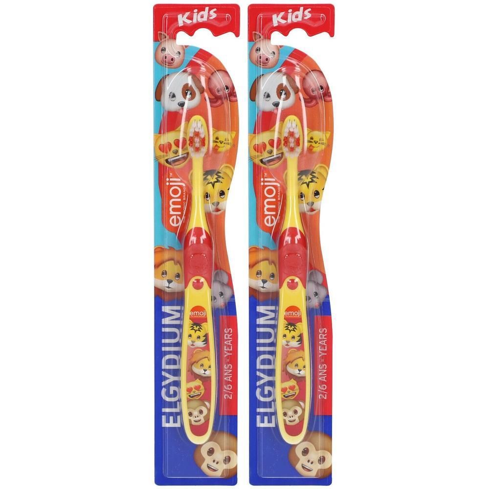 Twee Elgydium Emoji tandenborstels voor kinderen van 2-6 jaar, zachte borstels, met dierenprints.