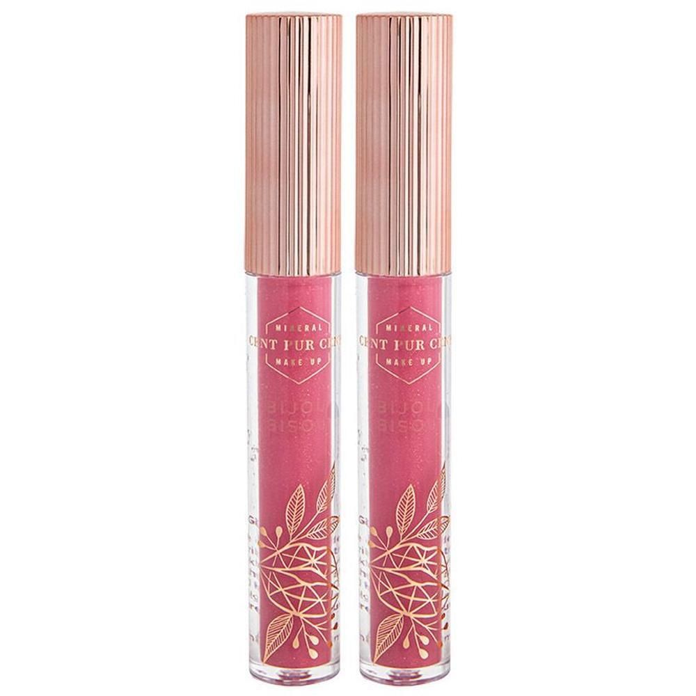 Deux gloss à lèvres Cent Pur Cent Bijou Bisou Charly dans des tubes transparents avec des capuchons couleur or rose.