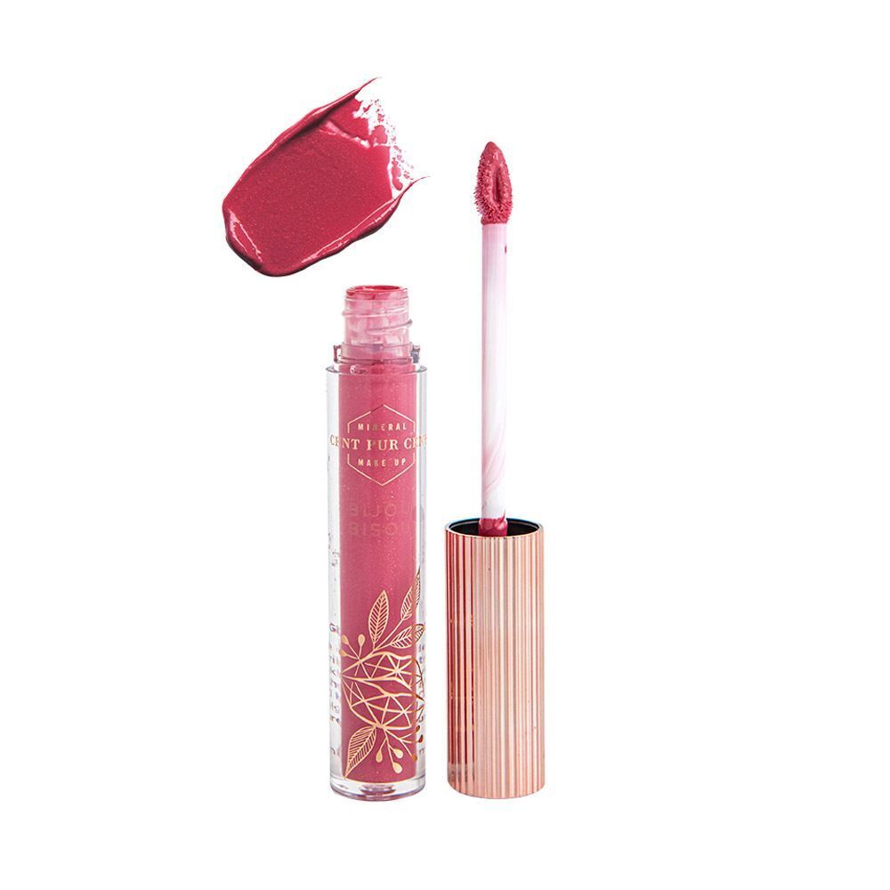 Un gloss à lèvres Cent Pur Cent Bijou Bisou Charly avec son applicateur et un échantillon de couleur à côté.