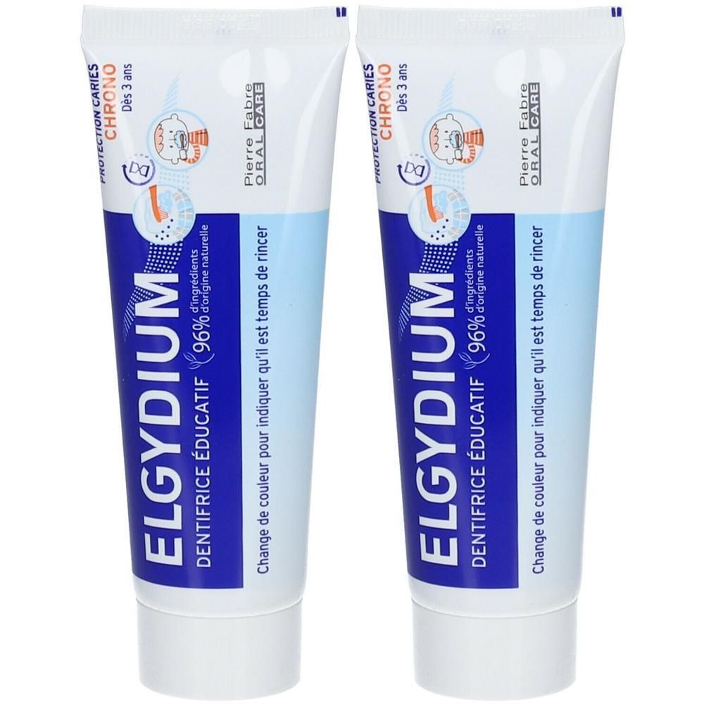 Twee tubes Elgydium Chrono educatieve tandpasta voor kinderen, 96% natuurlijke ingrediënten.
