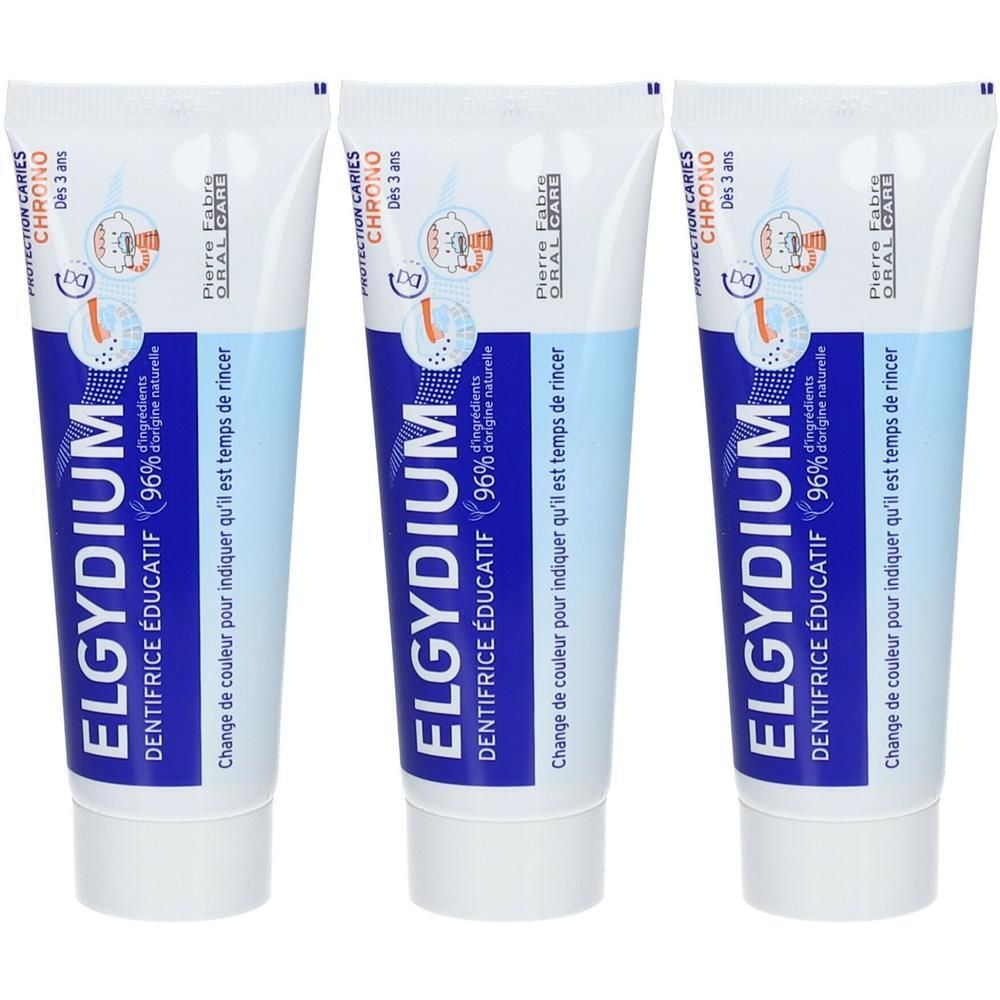 Trois tubes de dentifrice éducatif Elgydium Chrono pour enfants, emballage bleu et blanc.