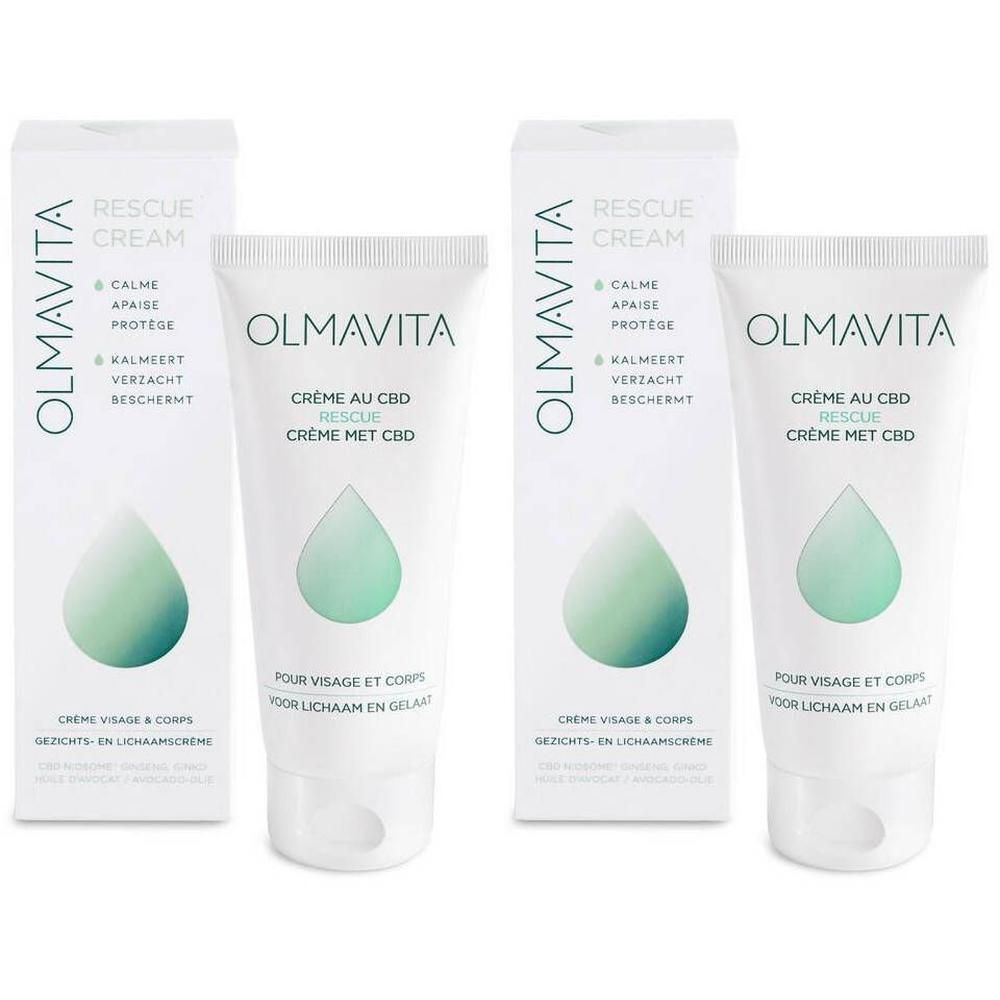 Twee Olmavita Rescue Crème CBD tubes en doosjes. Groene druppelvorm op witte achtergrond.