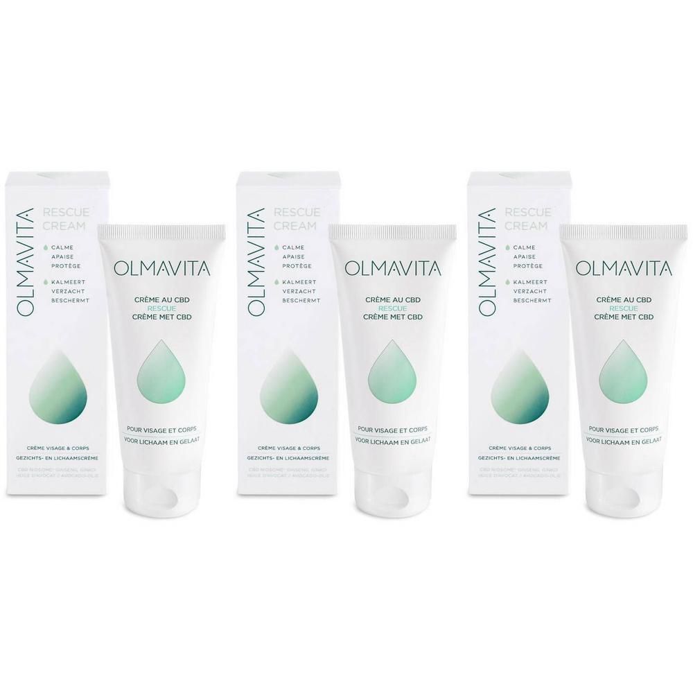 Trois tubes et boîtes de Olmavita Rescue Crème CBD.