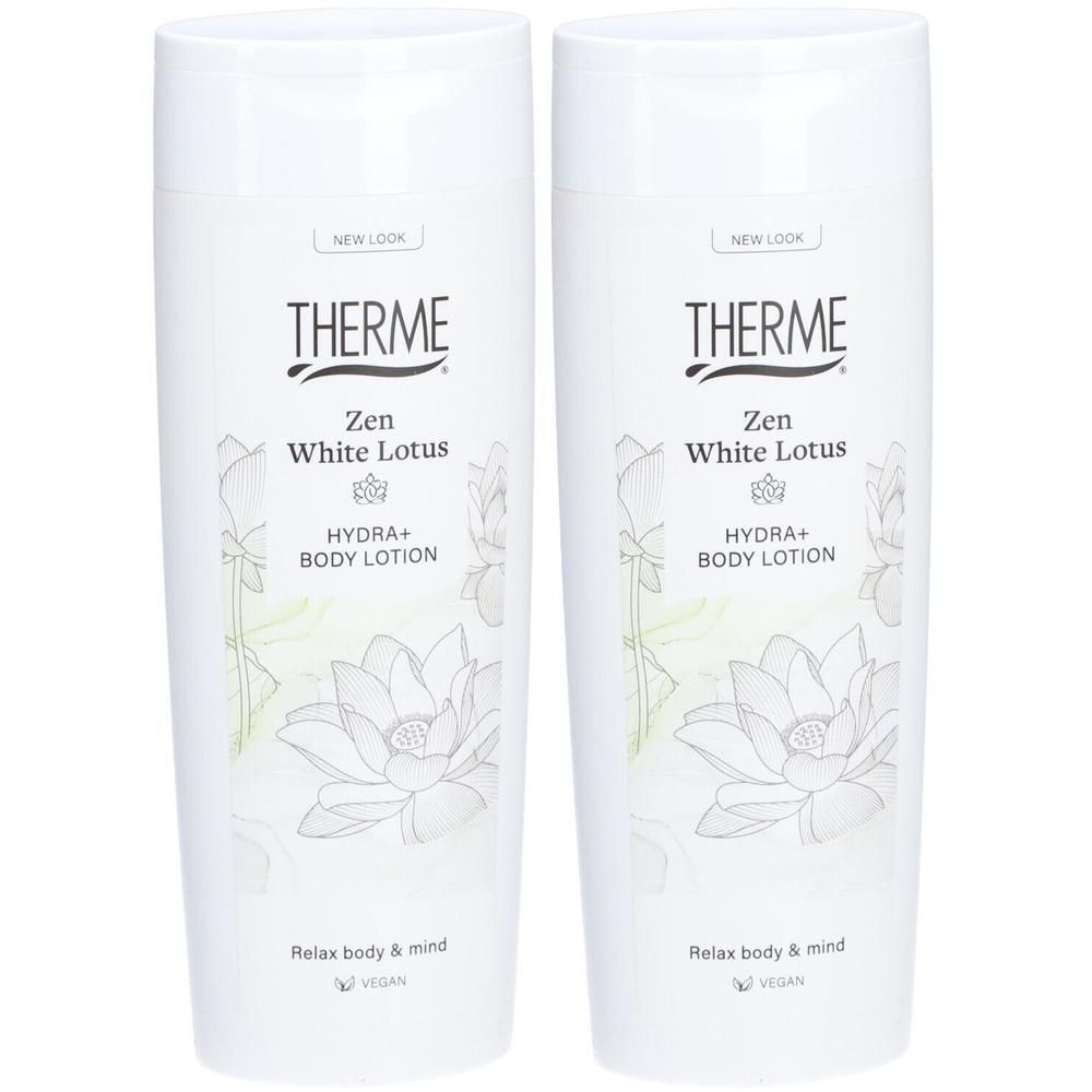 Twee witte flessen Therme Zen White Lotus Hydra+ Body Lotion met lotusbloem design.