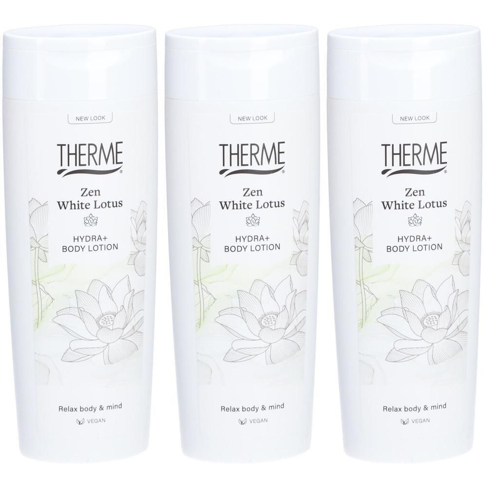 Drie witte flessen Therme Zen White Lotus Hydra+ bodylotion met lotusbloemafbeelding.