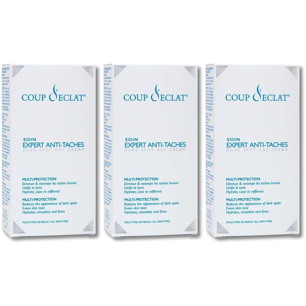 Trois boîtes de Coup d'Éclat Soin Expert Anti-Taches crème de jour.