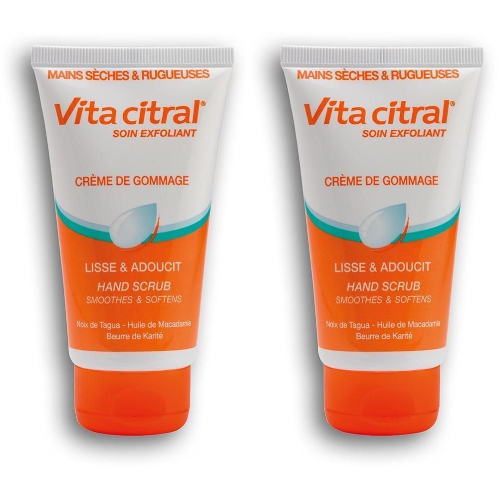 Twee tubes Vita Citral Handscrub voor droge, ruwe handen. Maakt glad en zacht.