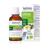 Ladrôme Matricaria Kamille Bio-extract in glazen flesje naast de verpakking.