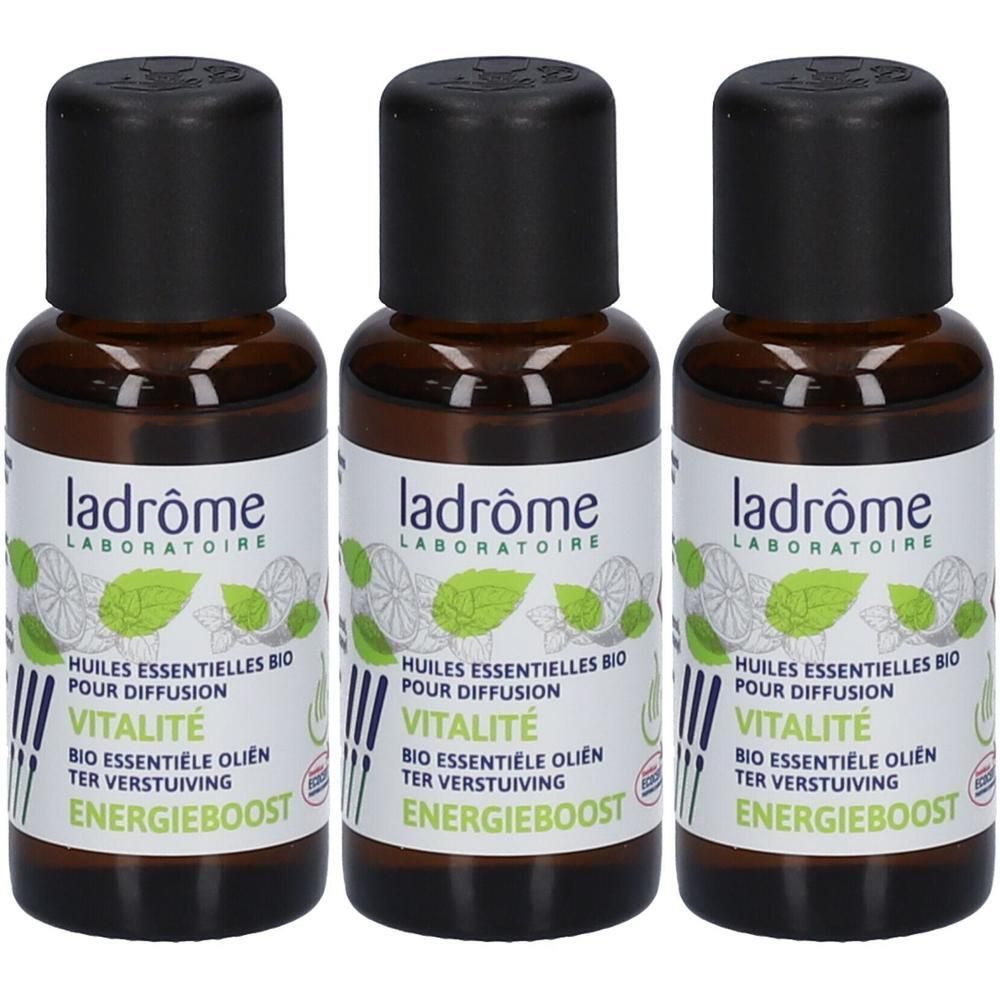 Trois flacons Ladrôme Vitalité Huiles Essentielles Bio pour Diffusion, Energieboost.