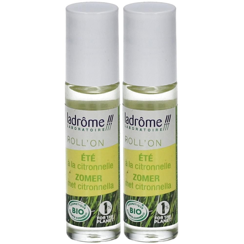 Twee roll-on flesjes met witte doppen, Ladrôme Roll'on Été à la citronnelle.