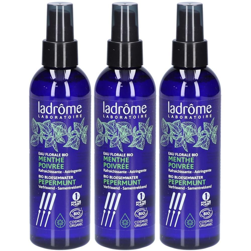 Trois flacons d'eau florale bio menthe poivrée Ladrôme avec vaporisateur.