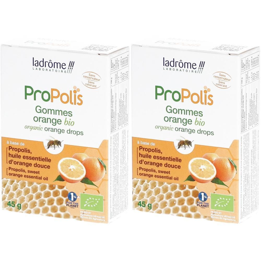 Deux boîtes de Ladrôme Propolis Orange Bio Gummis, 45g.