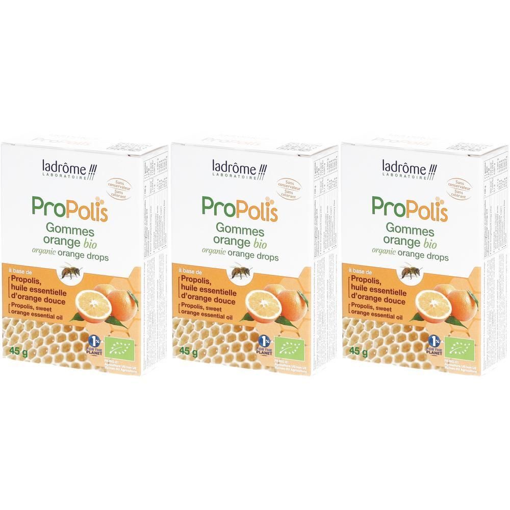 Trois boîtes de Ladrôme Propolis Orange Bio Gommes, 45g.
