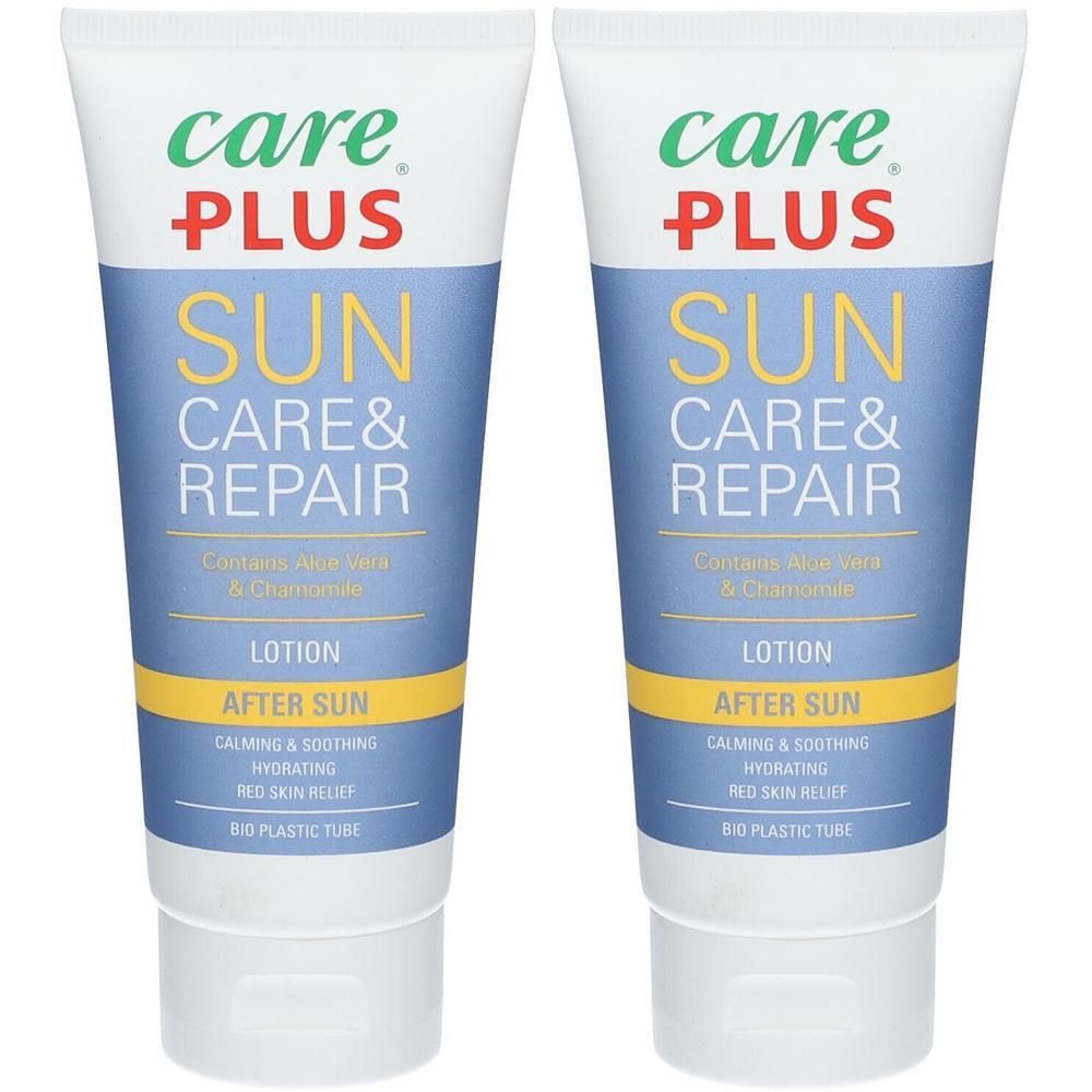 Deux tubes de lotion après-soleil Care Plus Sun Care & Repair à l'aloe vera et à la camomille.