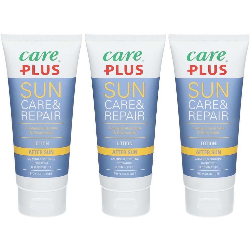 Trois tubes de lotion après-soleil Care Plus avec protection solaire. Apaise et rafraîchit la peau.