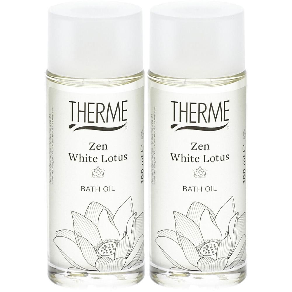 Twee flessen THERME Zen White Lotus badolie, elk 100 ml.