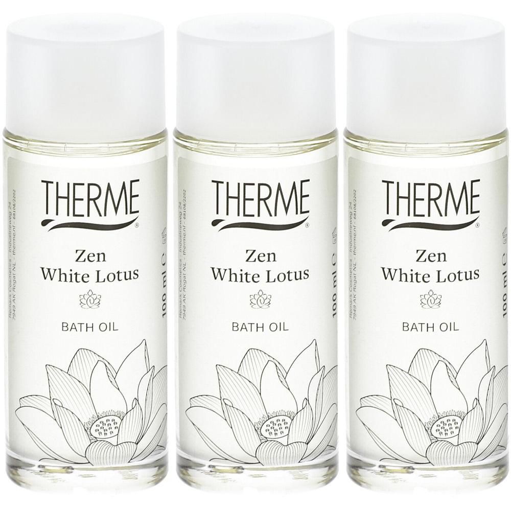 Trois flacons d'huile de bain THERME Zen White Lotus avec motif de lotus. 100 ml.