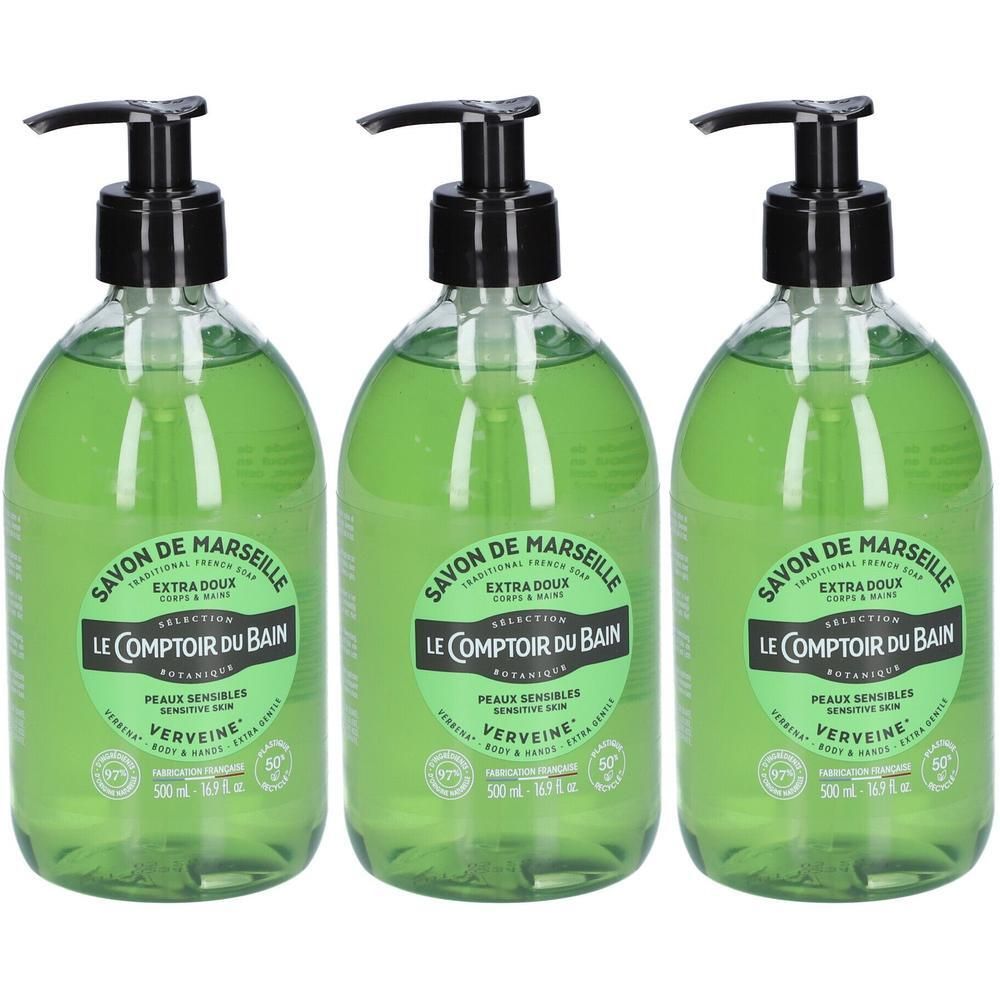 Drie flessen vloeibare zeep met pompdosers, Le Comptoir du Bain Verbena, 500ml.