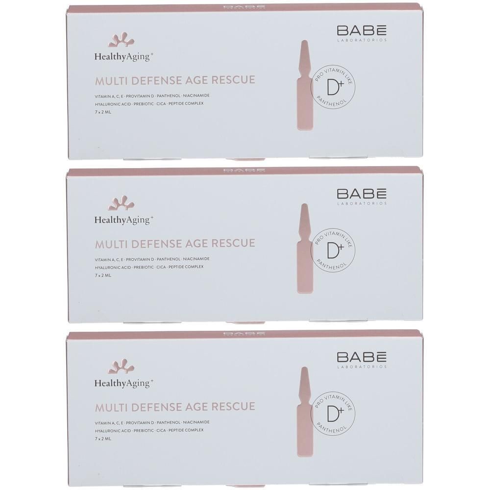 Trois boîtes de BABÉ HealthyAging+ Multi Defense Age Rescue, chacune contenant 7x2ml.