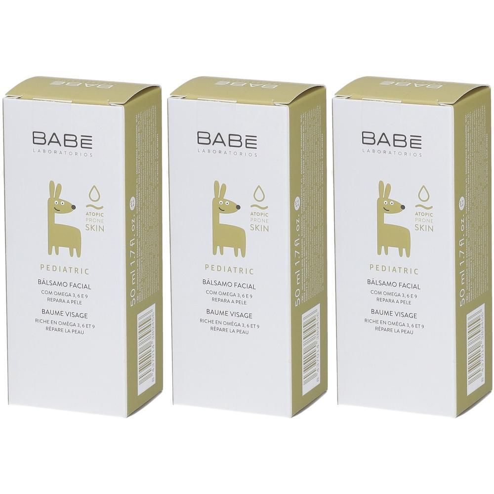 Trois boîtes de BABÉ Pediatric Facial Balm avec un logo de chien mignon.