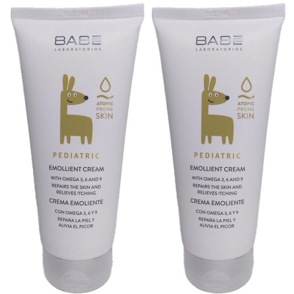 Twee tubes BABÉ Pediatric Emollient Cream voor atopische huid. Met Omega 3, 6, 9.
