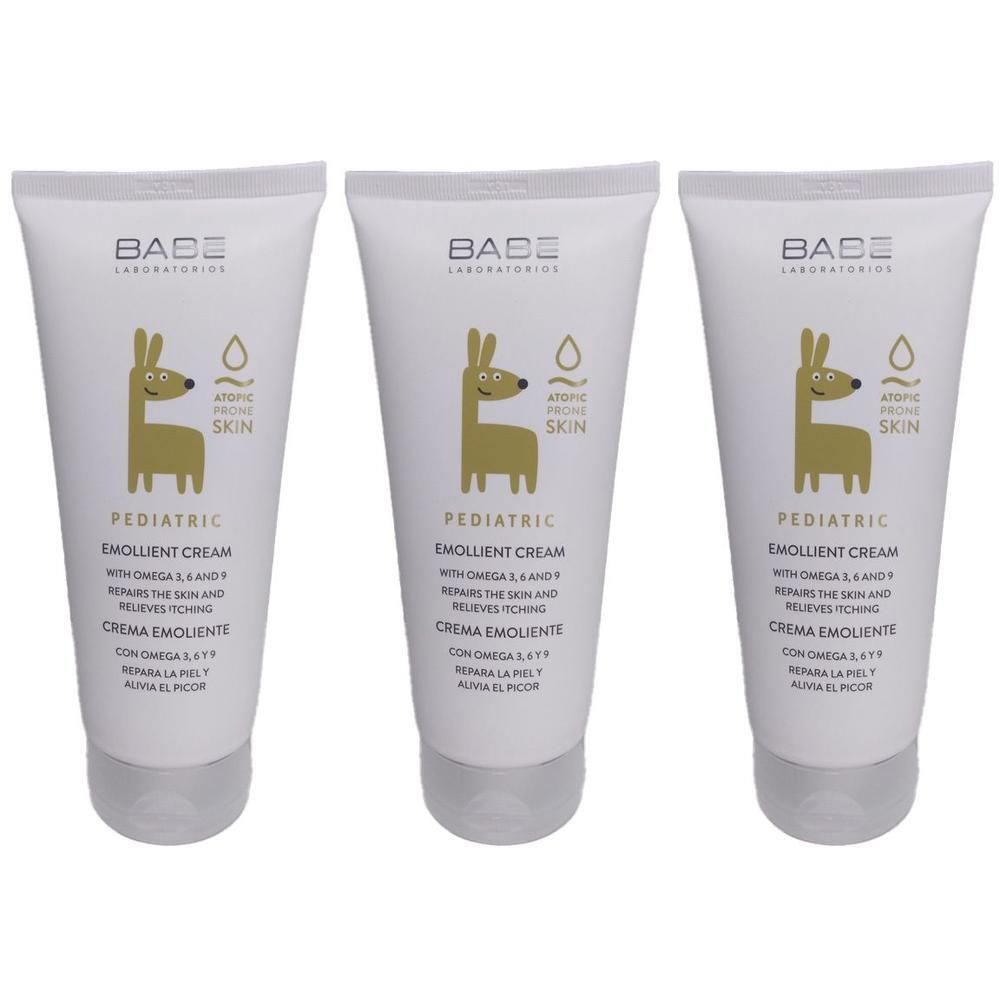 Trois tubes de Crème Émolliente Pédiatrique BABÉ avec un lama. Pour peaux à tendance atopique.