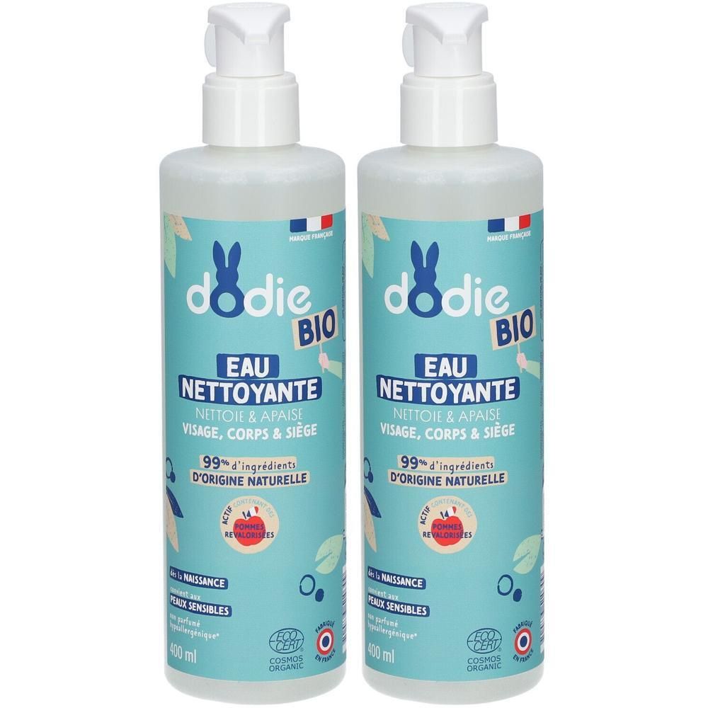 Twee flessen Dodie Bio reinigingswater voor gezicht, lichaam en zitvlak. Met pompdispenser.