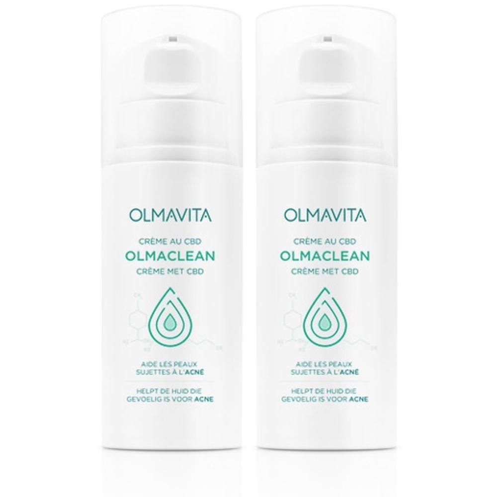 Deux flacons pompe blancs avec Olmavita Olmaclean Crème CBD Acné.