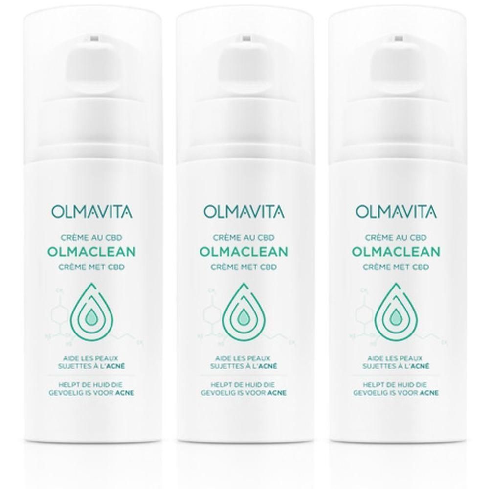 Drie flacons Olmavita Olmaclean CBD acne crème met druppelsymbool en chemische structuren.