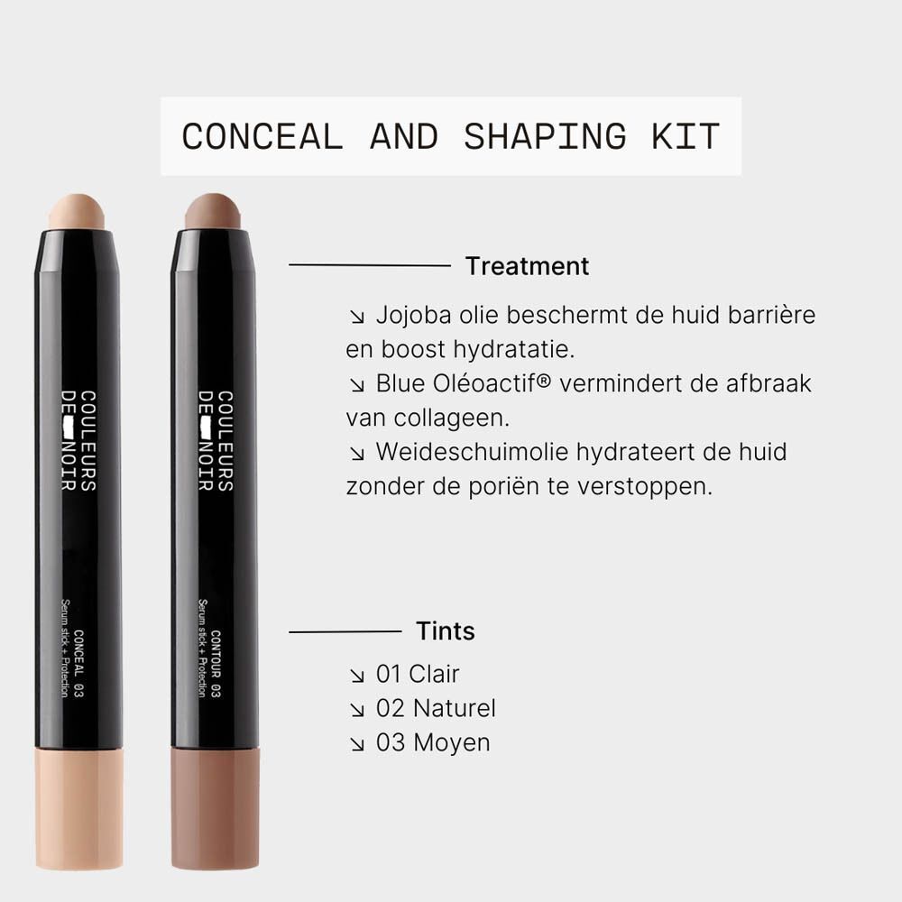 Twee sticks: Concealer 03 en Contour 03. Tekst over ingrediënten en tinten.