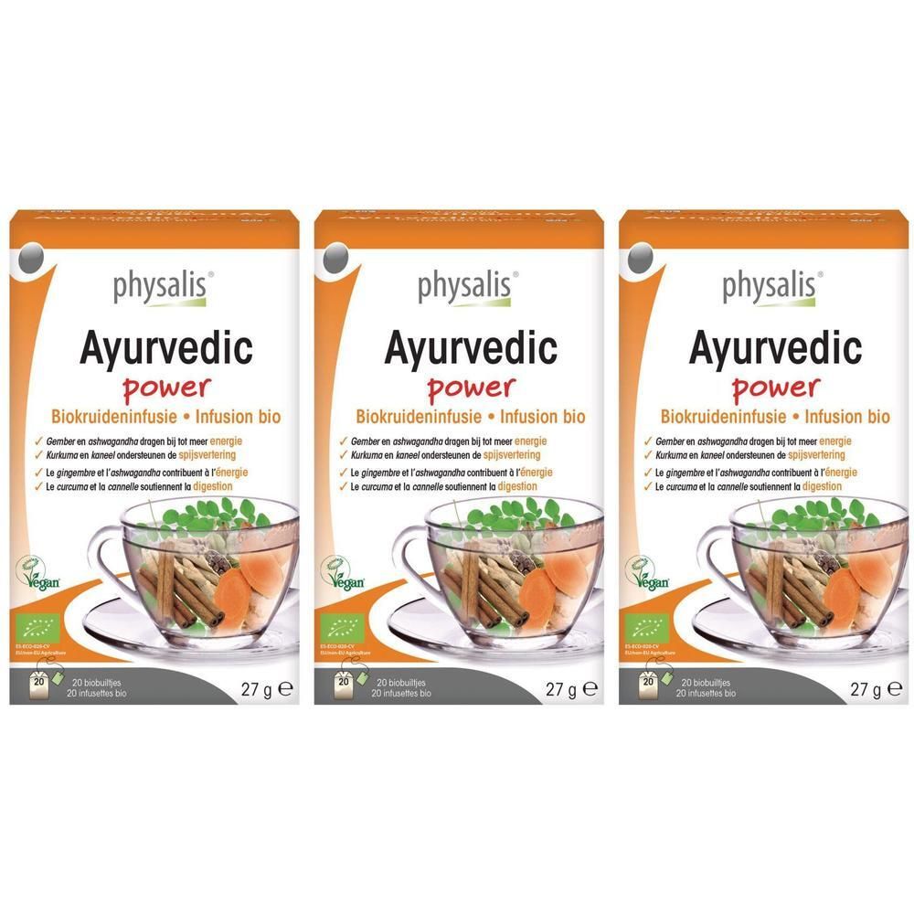 Trois paquets de tisane bio Physalis Ayurvedic Power avec gingembre et ashwagandha. Chaque paquet contient 20 sachets.