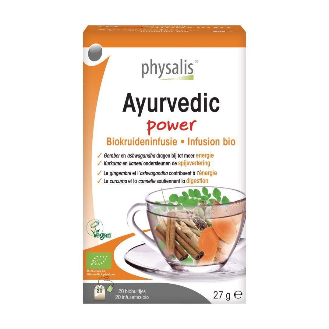 Boîte Physalis Ayurvedic Power Bio infusion avec une tasse de thé et des ingrédients.