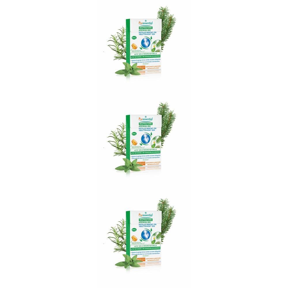 Puressentiel Respiratoire Pastilles Menthe : emballage avec herbes et branches de conifères.