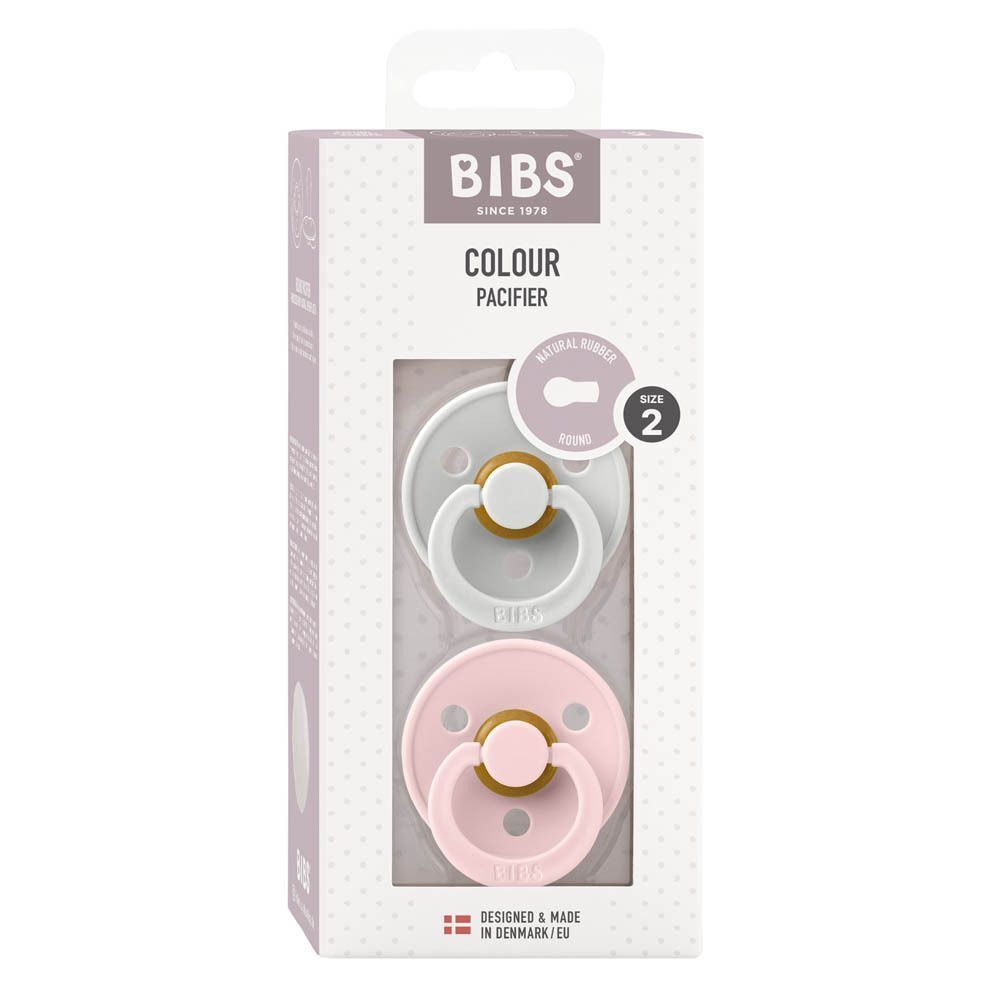 Emballage de sucettes BIBS Couleur avec deux sucettes : grise et rose. Taille 2, caoutchouc naturel, fabriqué au Danemark/UE.